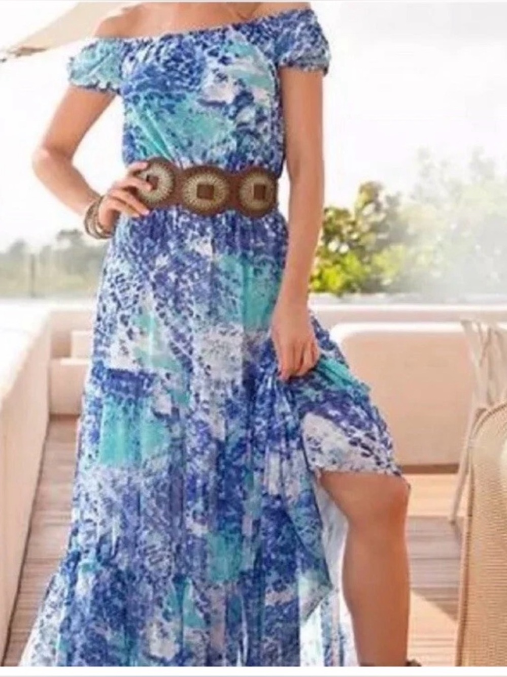 Boston Proper mesh maxi tiered dress blue sz S M cottagecore